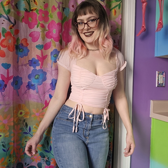 O. VIANCA Pastel Pink Ruched Whimsical Fairycore Crop Top - Picture 2 of 11